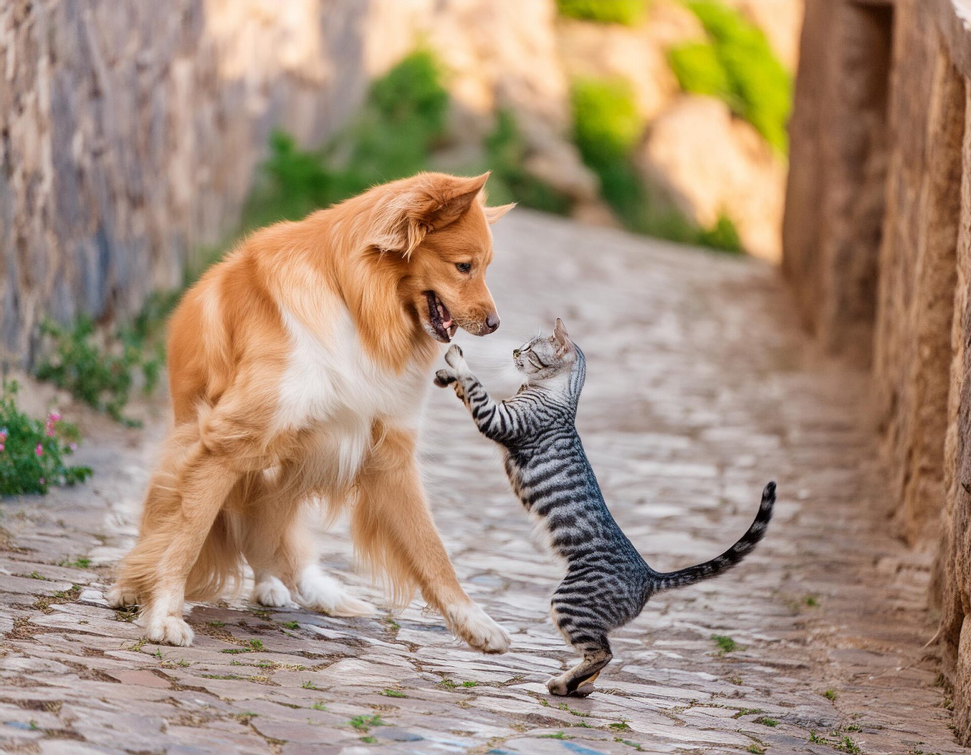 a cat and dog actively playing