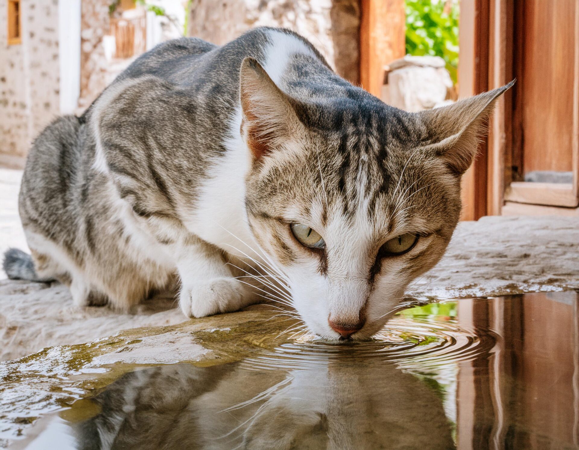 a cat drinking water inside a house