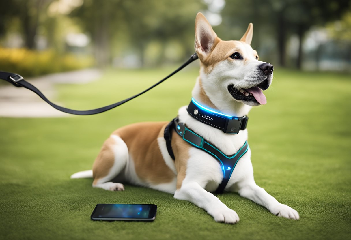 A smart pet collar with built-in GPS, activity tracking, and health monitoring. A smartphone app displays real-time data and allows for remote pet care