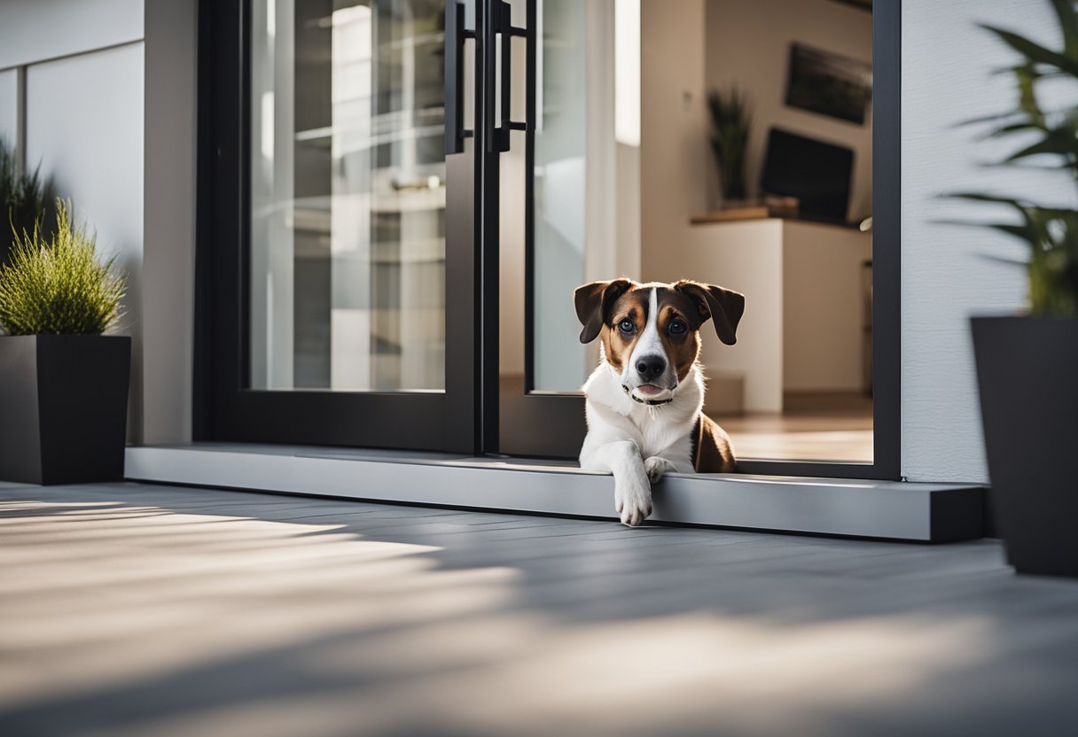 A sleek, modern home with a pet door connected to a smartphone app. A dog uses the door to enter the house while the owner controls it remotely