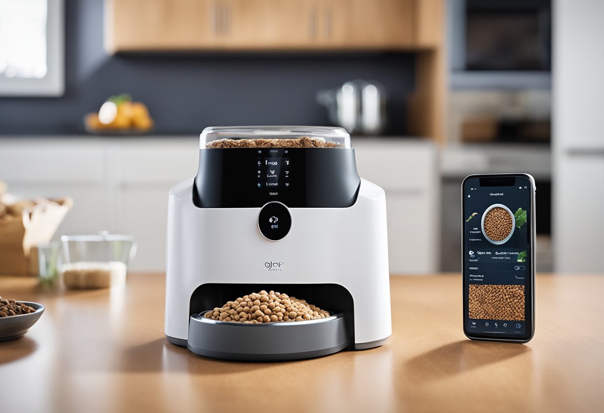 A smart pet feeder dispenses food into a pet's bowl. A smart collar with GPS tracks the pet's location. An app allows owners to monitor their pet's activity and health