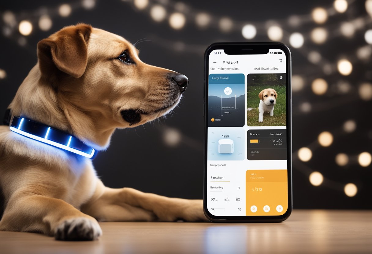 A smart pet collar emits a soft glow as it tracks a dog's movements, while a smartphone displays real-time data on the pet's activity and behavior