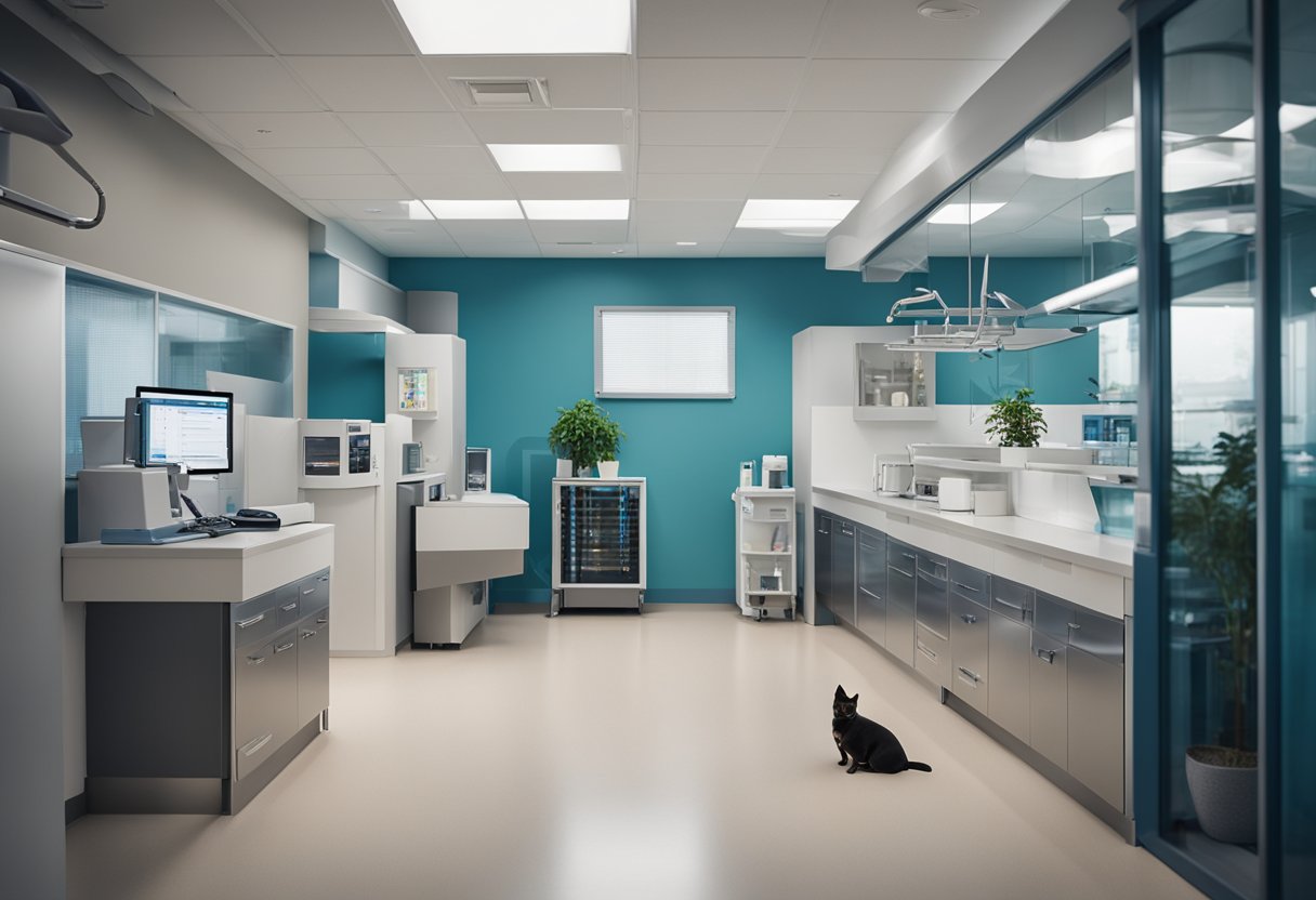 A traditional veterinary clinic transforms into a modern, tech-enhanced pet care center with state-of-the-art equipment and digital health management solutions