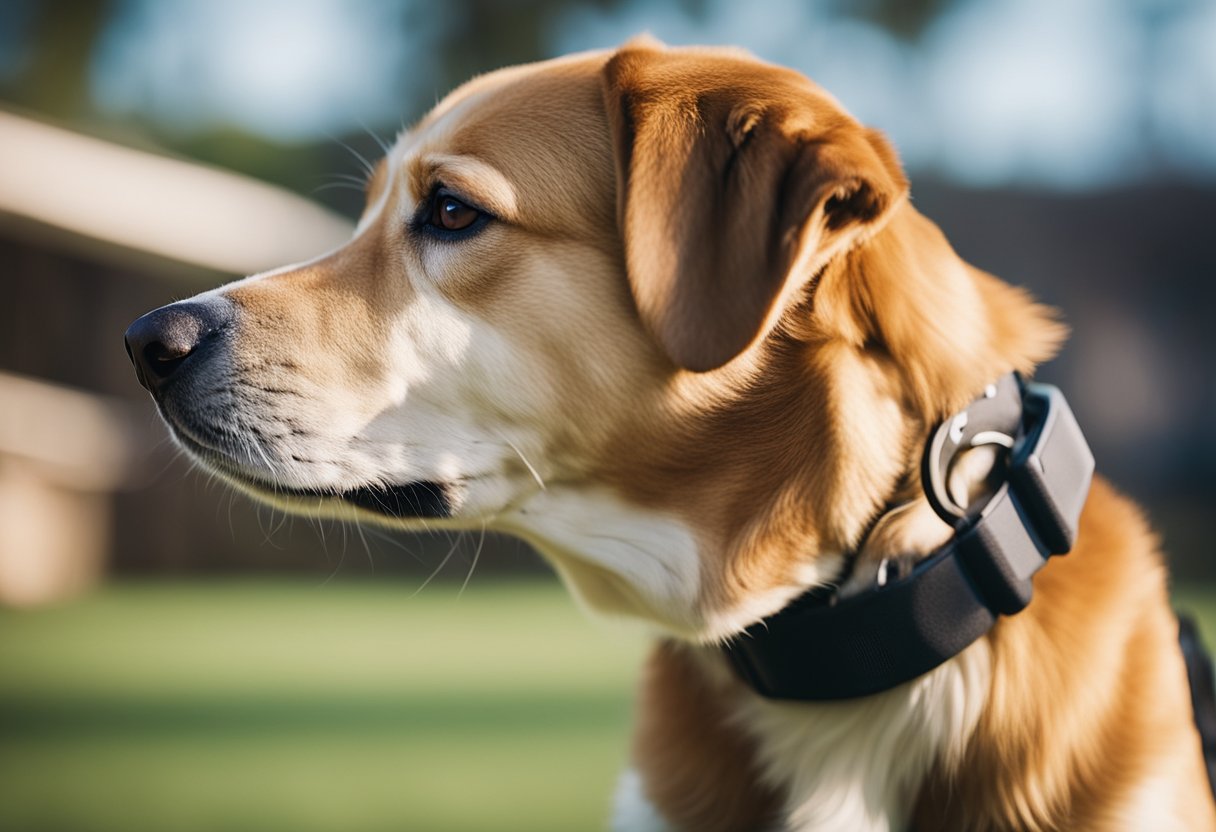 A dog wearing a traditional collar is being trained using a tech-enhanced device. The trainer is using positive reinforcement techniques to modify the dog's behavior