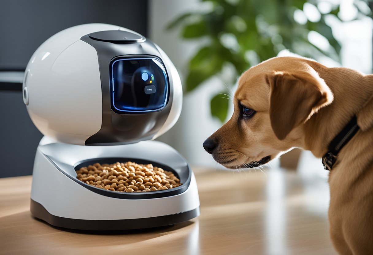 A robotic pet feeder dispenses food as a smart collar tracks a pet's activity, while a camera monitors behavior for AI analysis