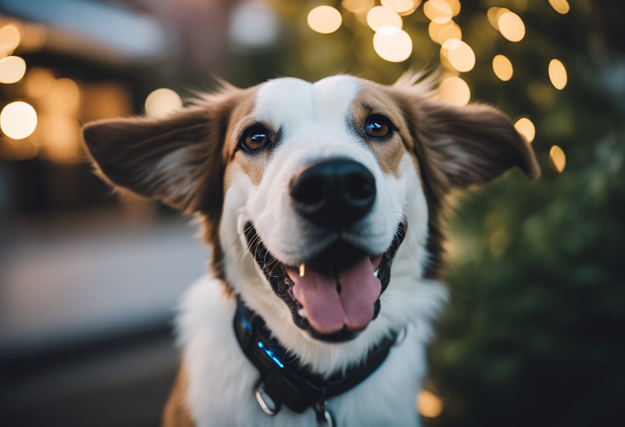 A happy dog wearing a GPS collar with additional health and safety features, such as a built-in thermometer and LED lights for visibility at night