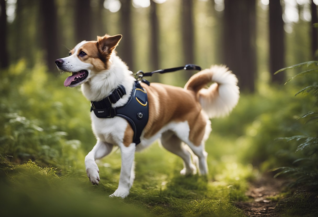 A dog wearing a GPS collar walking through a wooded area