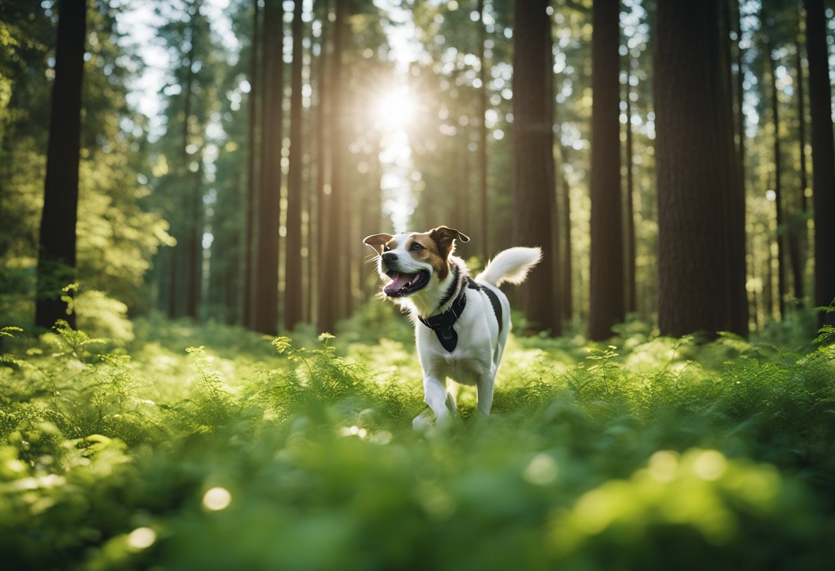 A happy dog wearing a GPS collar exploring a lush, green forest with tall trees and a clear blue sky above