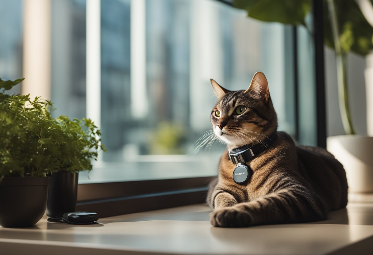 A sleek cat wearing a health monitor collar lounges in a sunny window, while a digital display shows vital signs