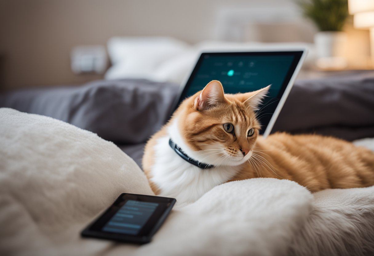 A cat wearing a health monitor collar while resting on a cozy bed, with a veterinarian checking the monitor's data on a tablet